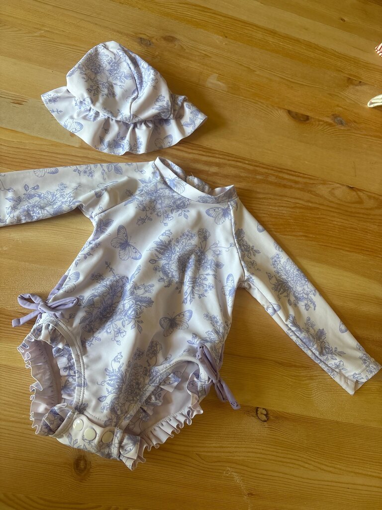3-6 month Girls' Floral Long Sleeve Swimsuit with Sun Hat