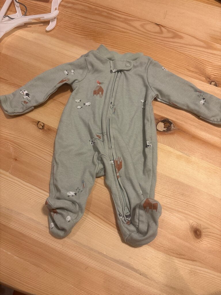 Preemie Baby Green Sleepsuit with Farm Animal Prints