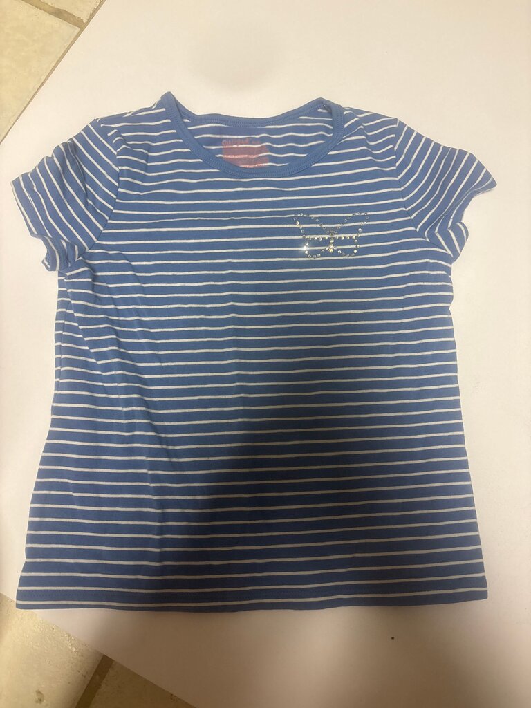 Girls Blue and White Striped T-Shirt with Butterfly Design