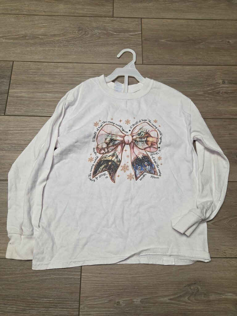 White Long Sleeve Graphic Tee with Bow Design