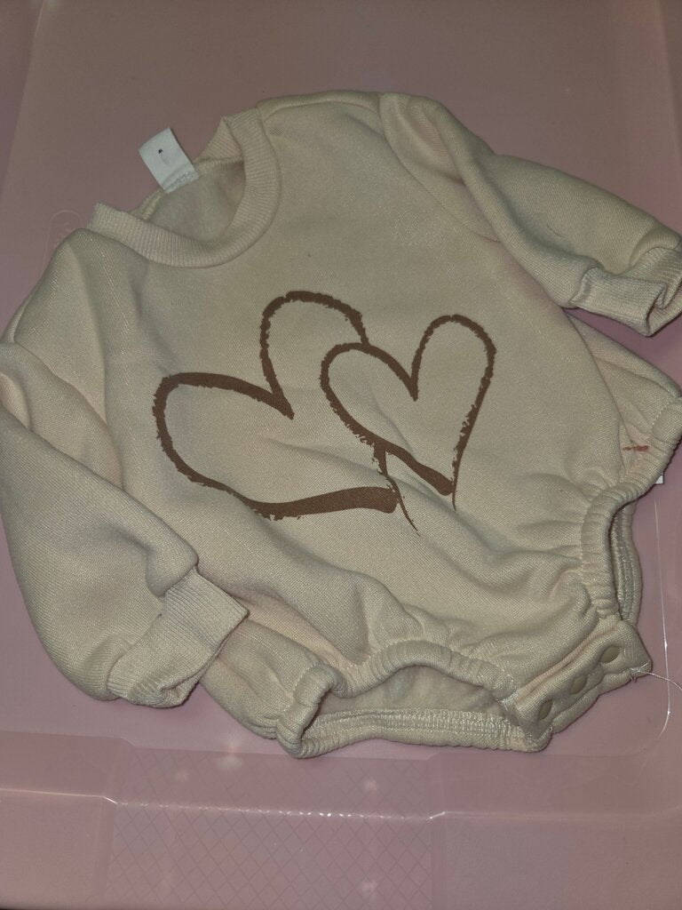 Beige Long Sleeve Baby Bodysuit with Heart Design