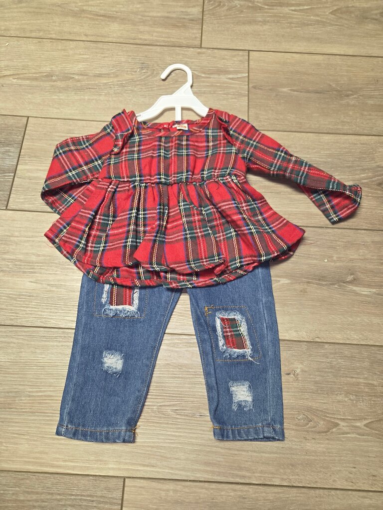 Plaid Top and Denim Bottoms Set