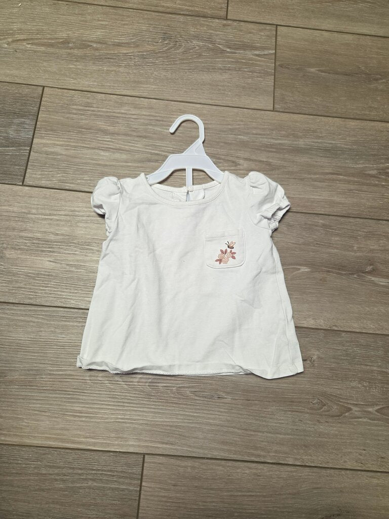 Girls White Puff Sleeve Top with Floral Pocket