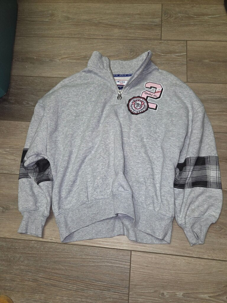 Gray Zip-Up Sweatshirt with Plaid Detail