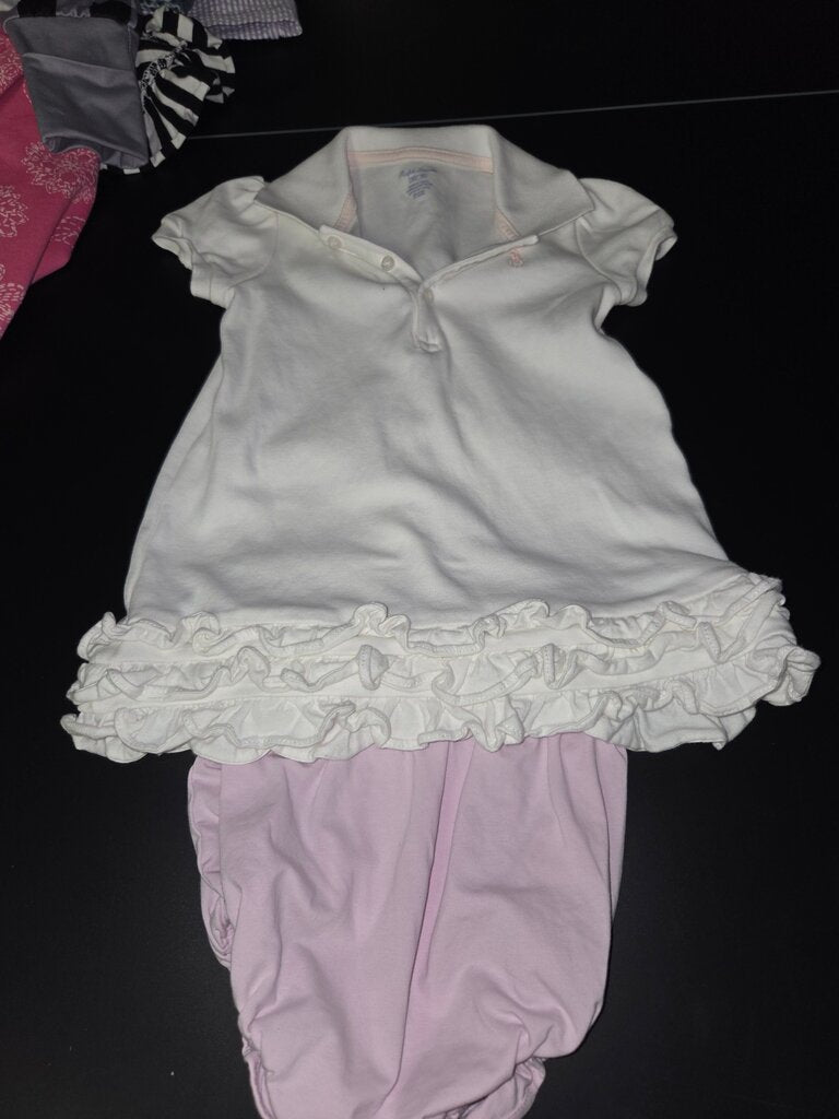 Girls White Polo Dress with Ruffle Hem and Pink Bloomers