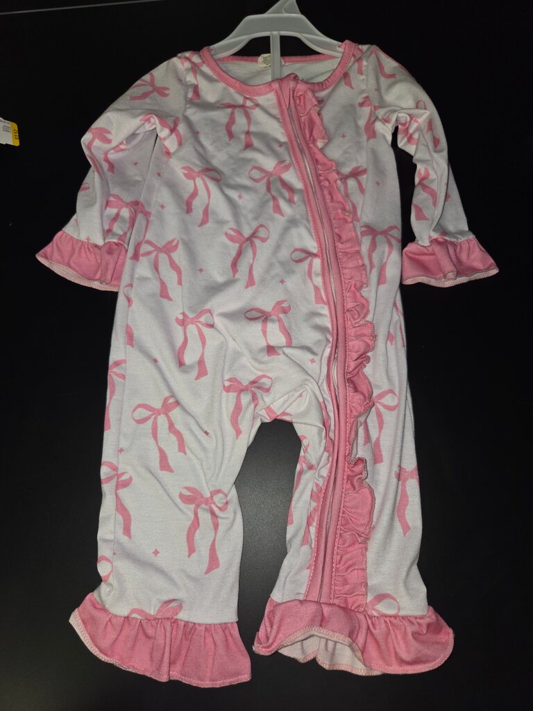 Pink Ruffled Baby Pajamas with Bow Print