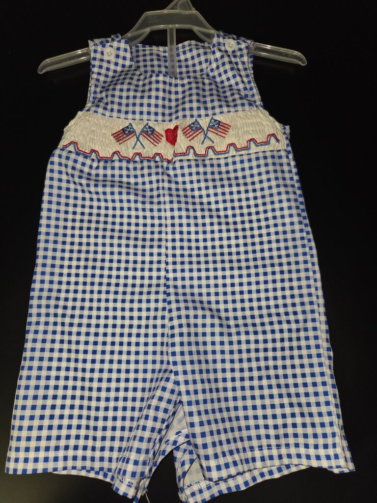 Blue and White Gingham Smocked Romper with Flags