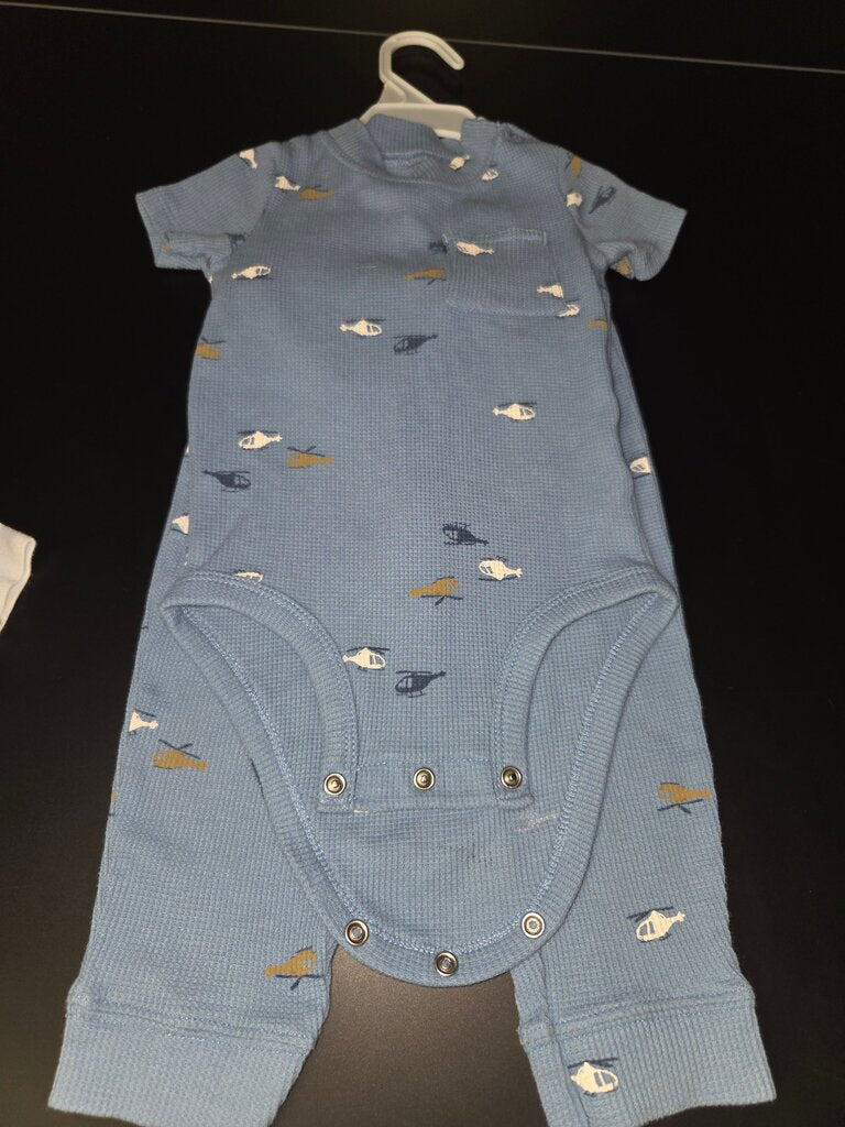 Blue Short-Sleeve Baby Onesie with Helicopter Print