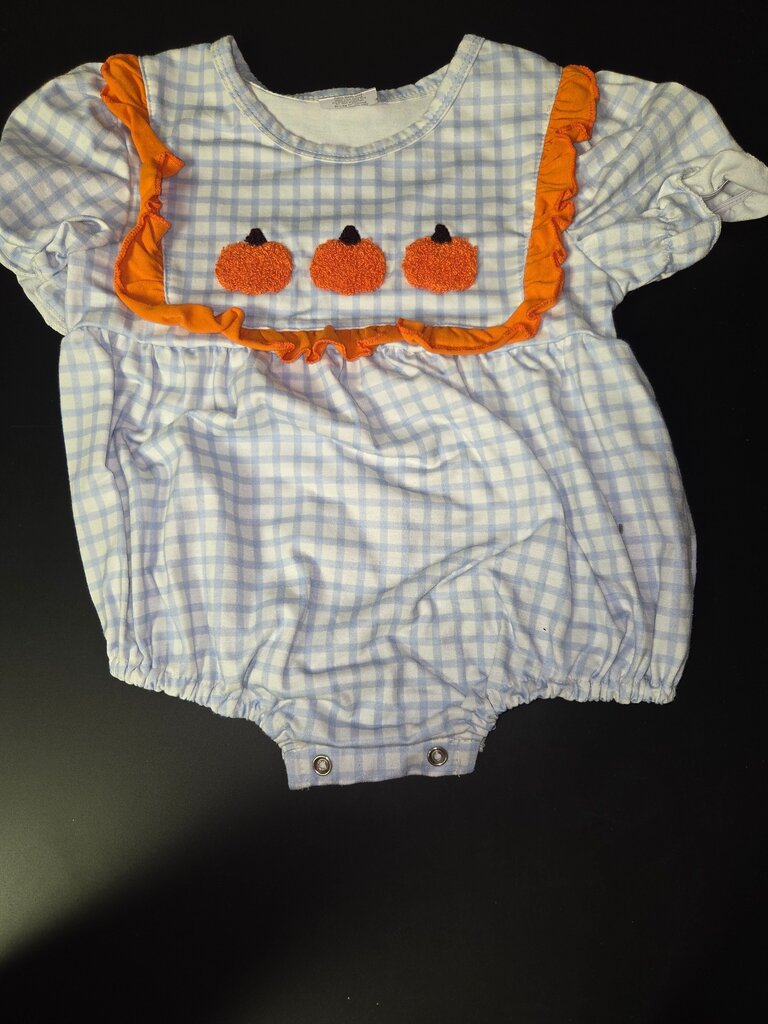 Blue Gingham Pumpkin Embroidered Baby Romper
