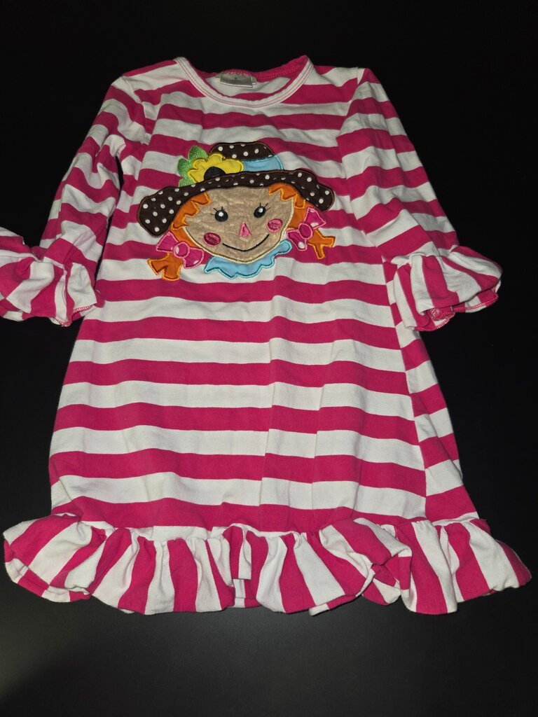 Girls' Pink and White Striped Dress with Scarecrow Applique