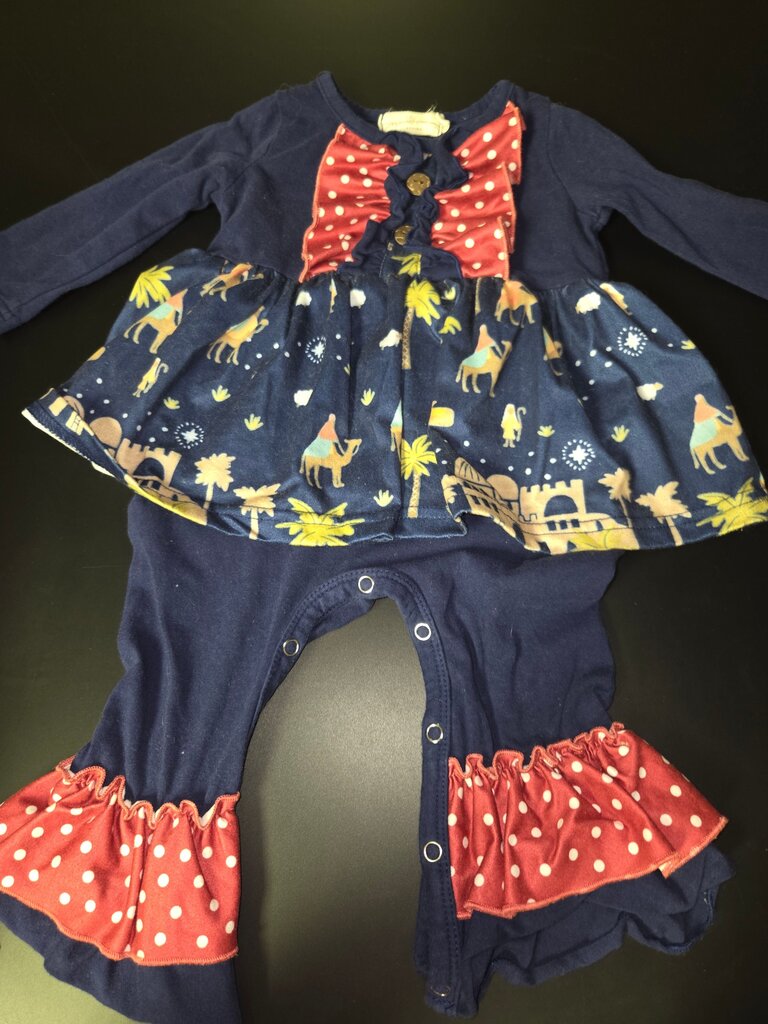 Navy Blue Wisemen Print Dress with Polka Dot Accents