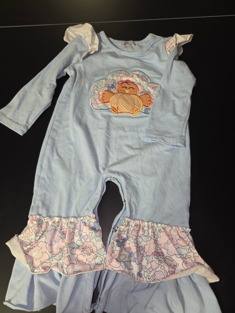 Girls' Blue Long-Sleeve Romper with Floral Design