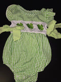 Green Gingham Baby Dress with Shamrock Embellishments