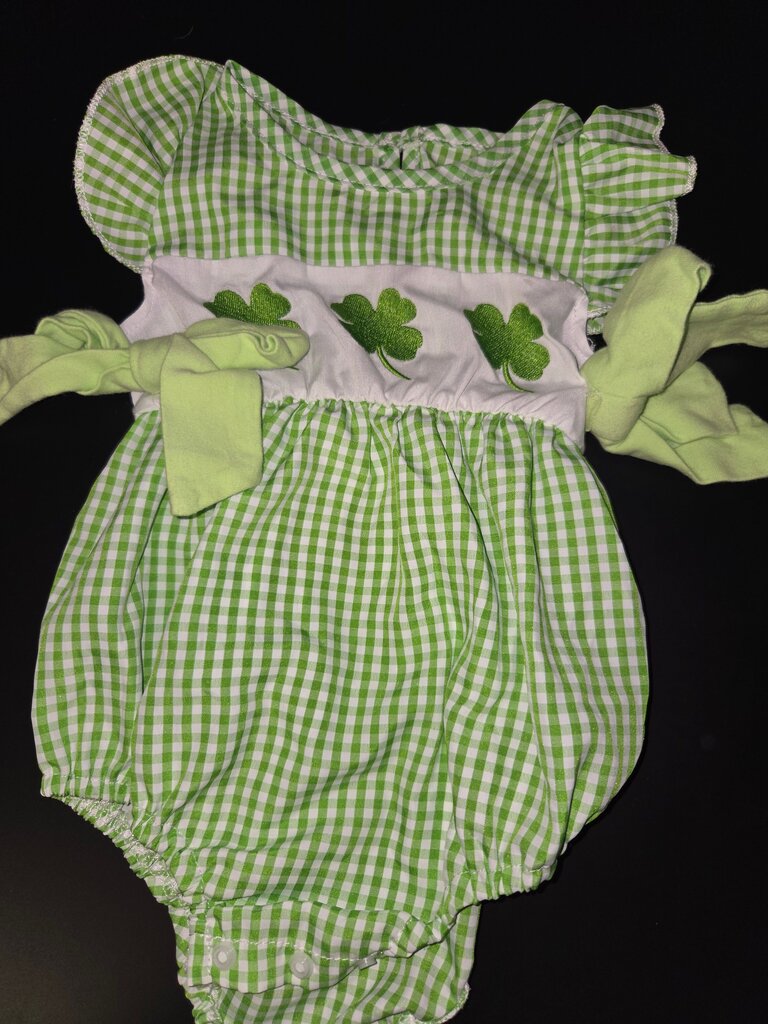 Green Gingham Baby Dress with Shamrock Embellishments