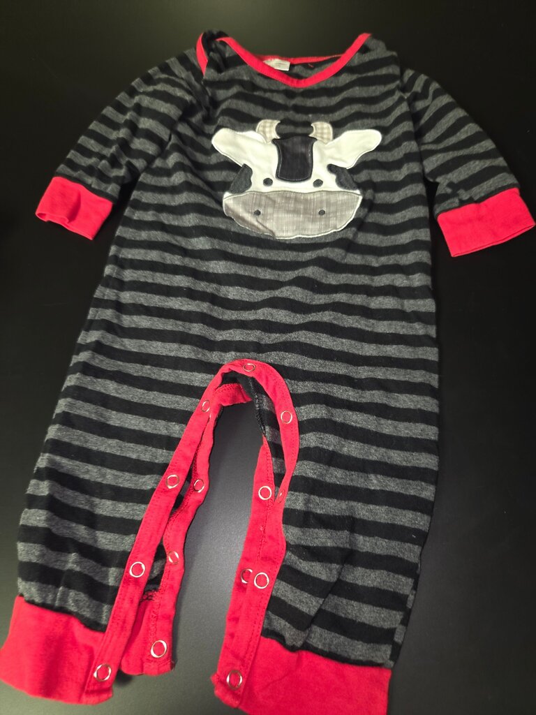 Gray Striped Baby Romper with Cow Design
