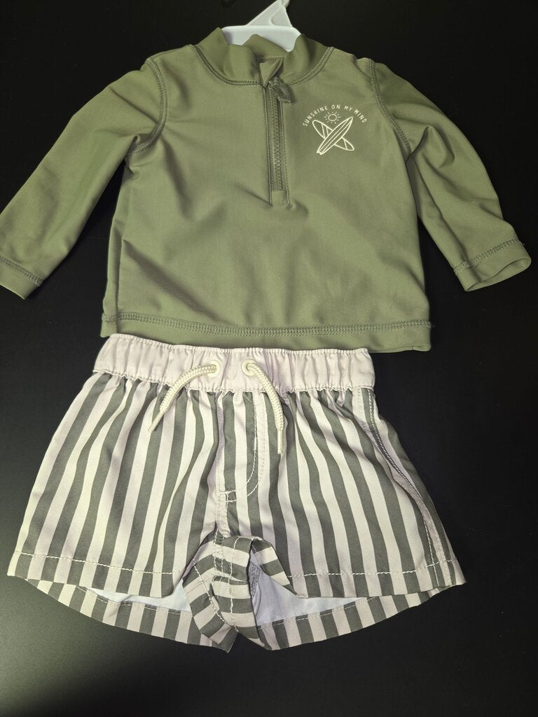 Boys' Olive Green Sun Protection Set with Striped Shorts