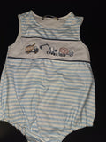 Striped Baby Romper with Construction Vehicles