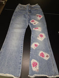Flared Denim Jeans with Floral Patches