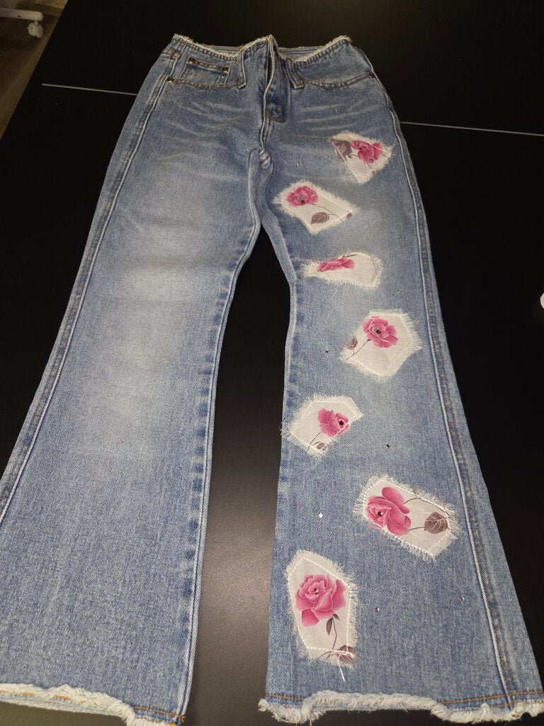 Flared Denim Jeans with Floral Patches