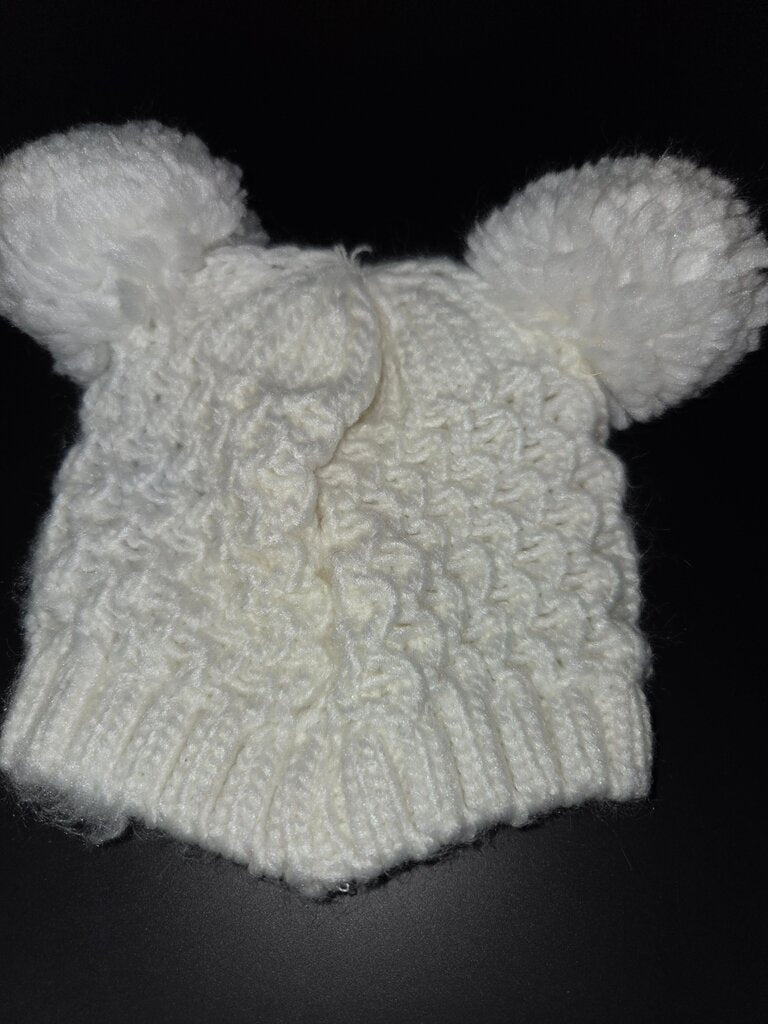 White Knit Baby Beanie with Pom Poms