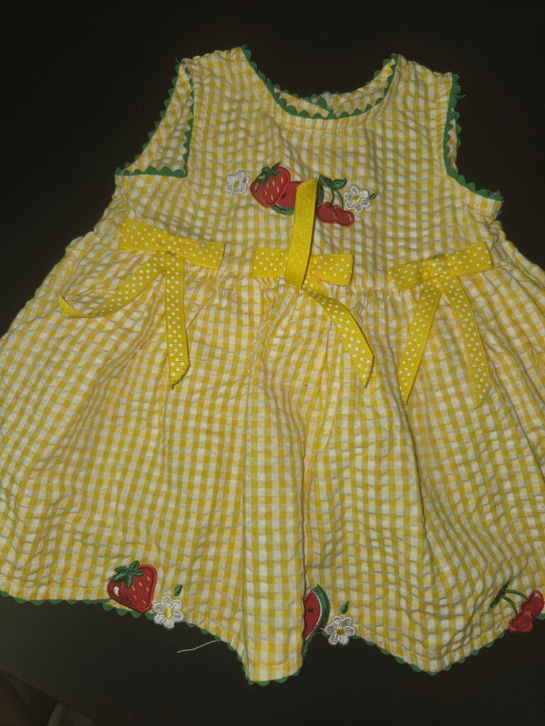 Yellow Checkered Dress with Fruit Embroidery