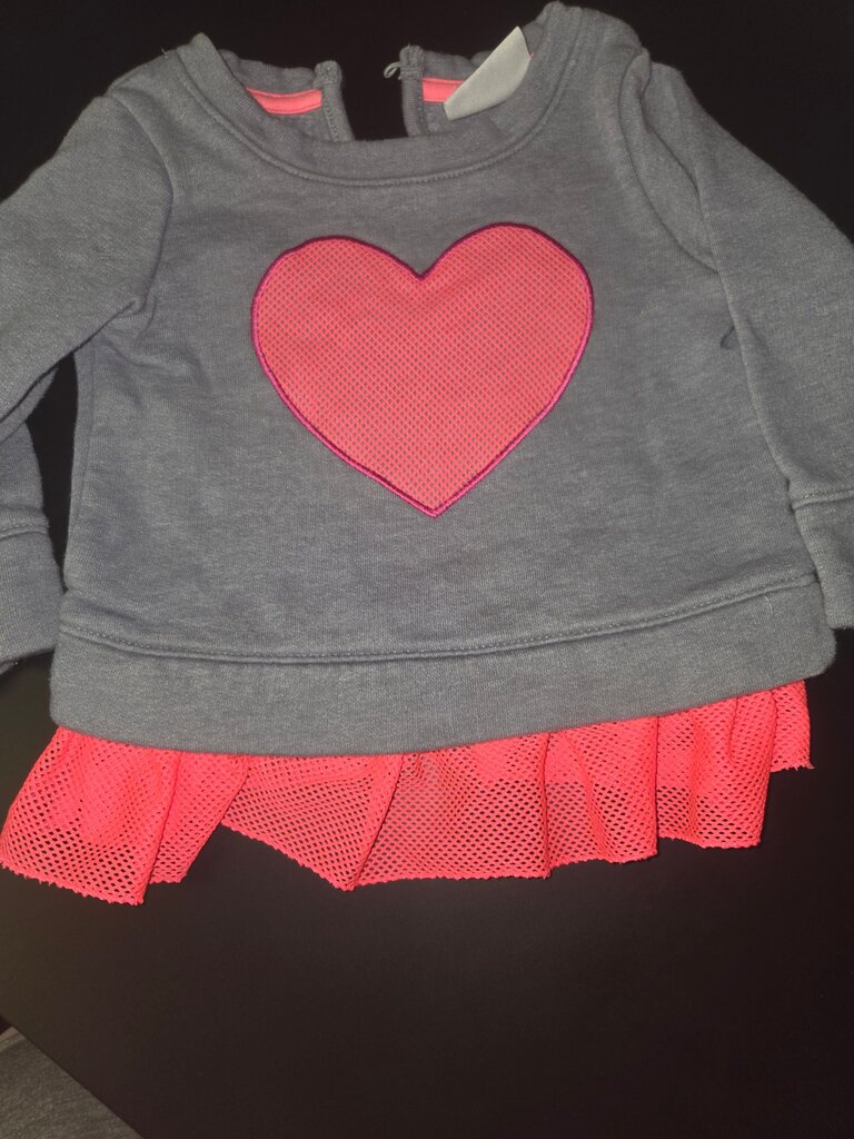 Girls' Gray Sweatshirt with Pink Heart and Ruffled Hem