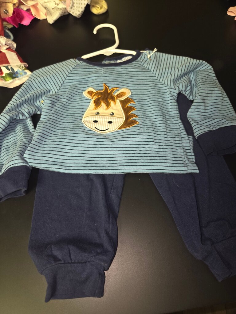 Blue Striped Pajama Set with Animal Design