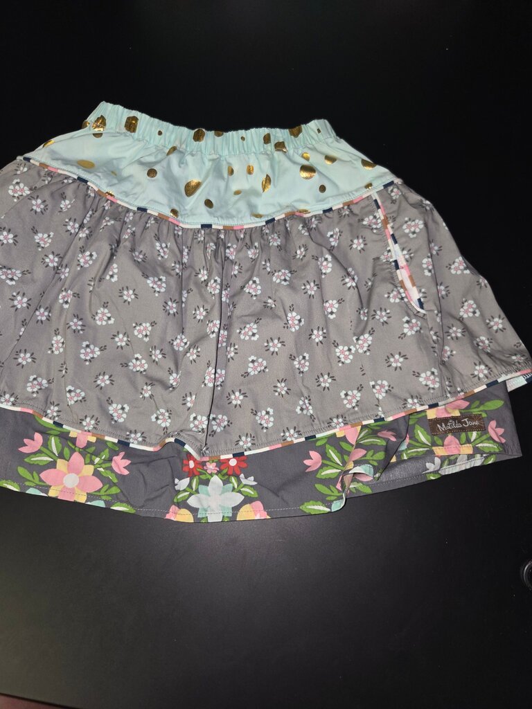 Floral Patterned Girls Skirt with Gold Polka Dots